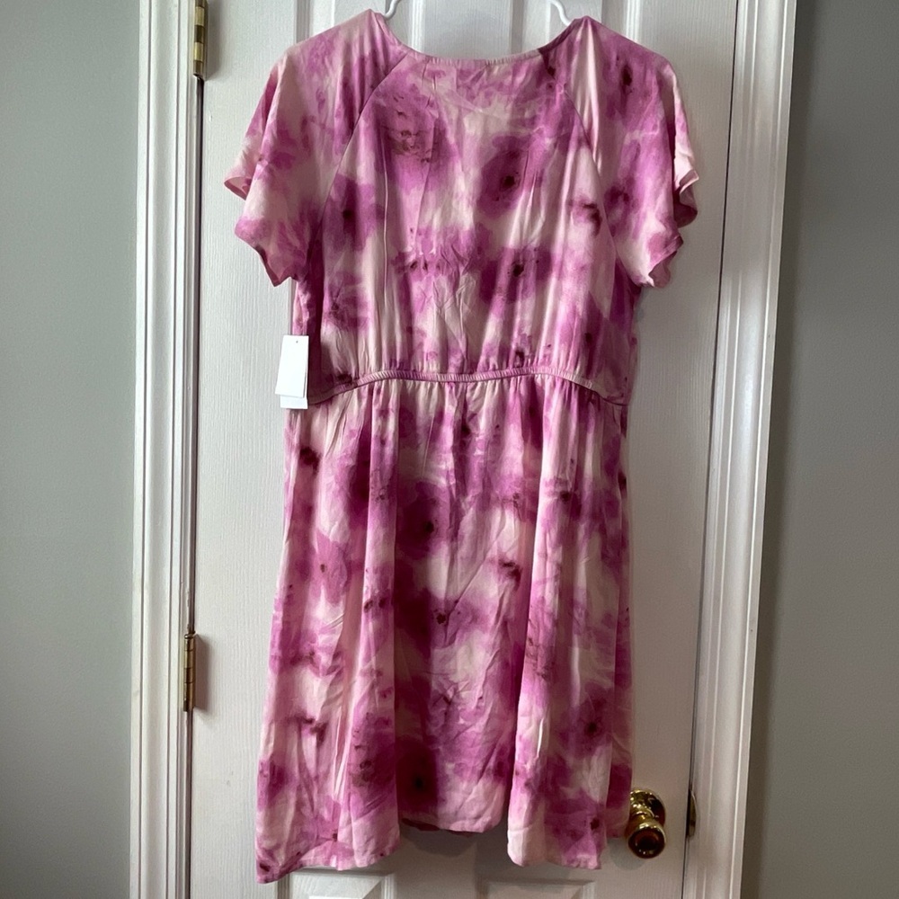 New Abound Dress Large Pink Tie Dye Mini Short Sleeve Front‎ Tie Keyhole Flowy - Picture 7 of 15